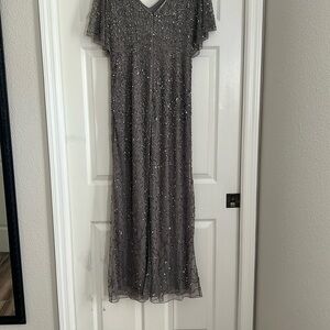 J Kara Gray Flutter Sleeve V-Neck Maxi Gown